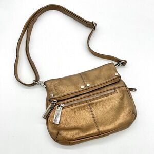 Tignanello Flap Star Gold Pebble Leather Crossbody Zipped Convertible Bag $115